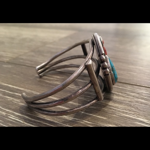 Navajo Sterling Turquoise Real Red  Coral Cuff - Picture 5 of 14